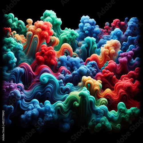 An abstract image featuring vibrant, swirling smoke shapes in a variety of colors against a black background. The intricate patterns and vivid hues create a visually striking composition, perfect for
