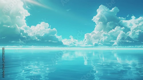 blue sky and sea with clouds, anime style
