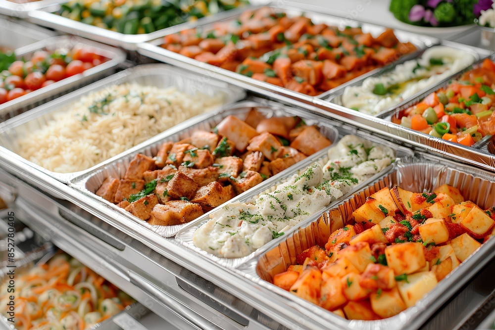 A photo of the tray has many different dishes, including rice and chicken with potatoes in foil containers. A photo of the tray has many different dishes, including rice and chicken with potatoes in foil containers.