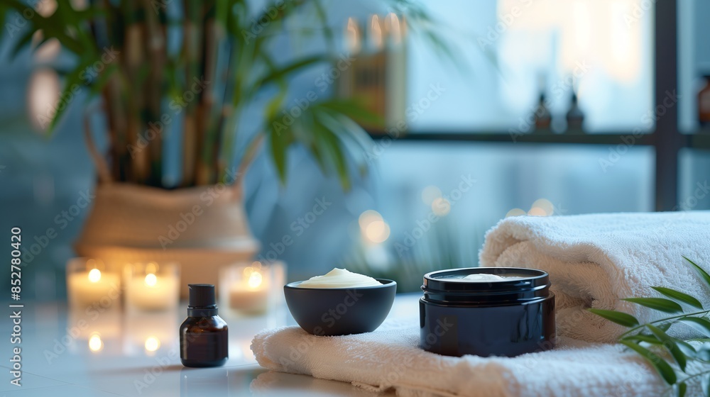 A moisturizer tub is placed on a plush white towel next to a bowl of aromatic essential oils and a few lit candles. A moisturizer tub is placed on a plush white towel next to a bowl of aromatic essential oils and a few lit candles.