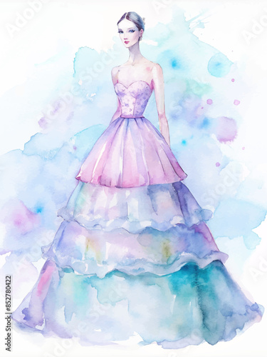watercolor illustration of the silhouette of the bride in a magnificent tiered dress
