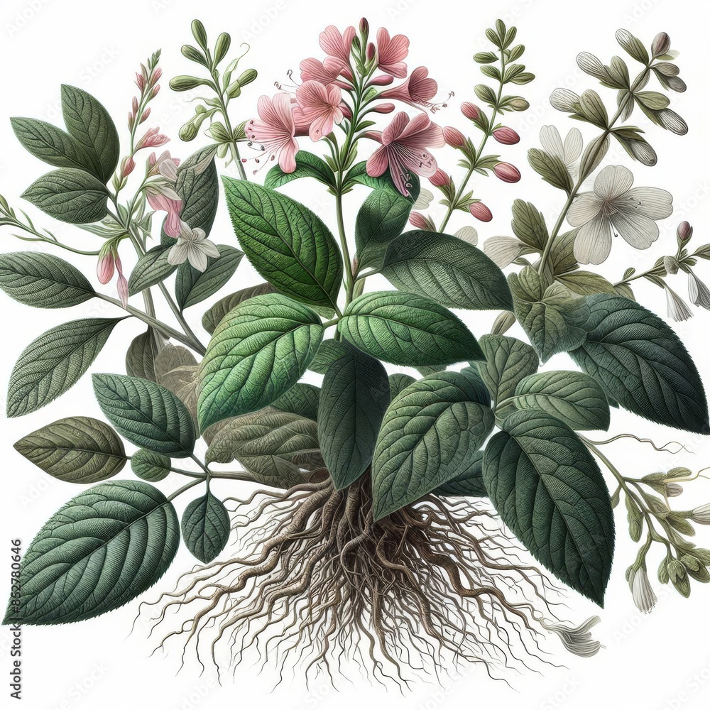 Obraz premium Detailed botanical illustration depicting a flowering plant with lush green leaves and delicate roots exposed. The intricate details emphasize natural beauty and scientific accuracy, ideal for