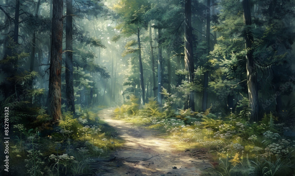 Shady forest path with tall trees Shady forest path with tall trees