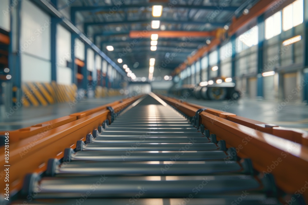 Production line with conveyor rollers for objects transportation. Production line with conveyor rollers for objects transportation.