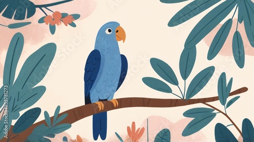flat cute blue maccaw sitting on branch illustration