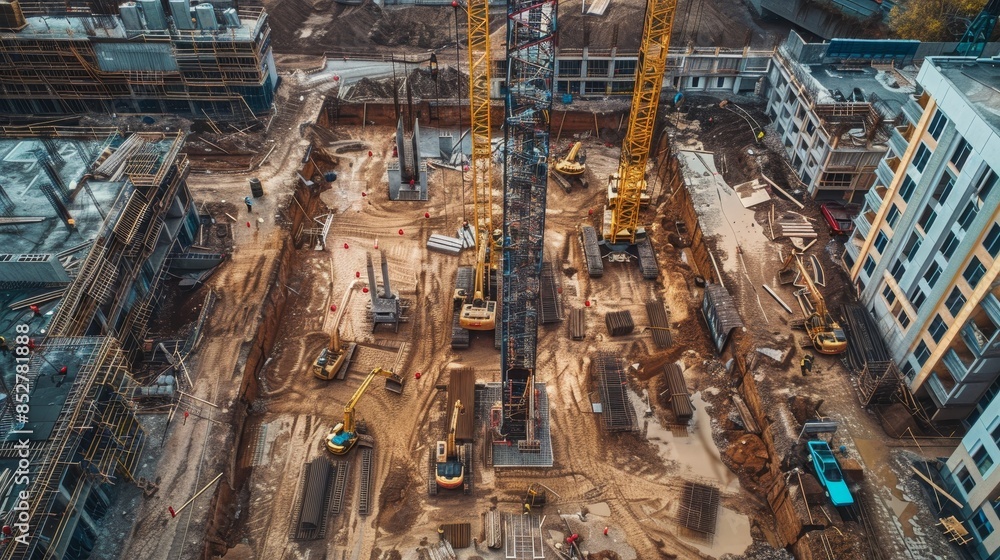 Fototapeta premium Aerial view of a large construction site with cranes, machinery, and building materials, showcasing urban development and industrial progress.