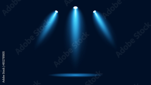 Spotlights on a dark background. Bright lighting with spotlights. Spotlight blue vector illustration for layouts. Blue beams
