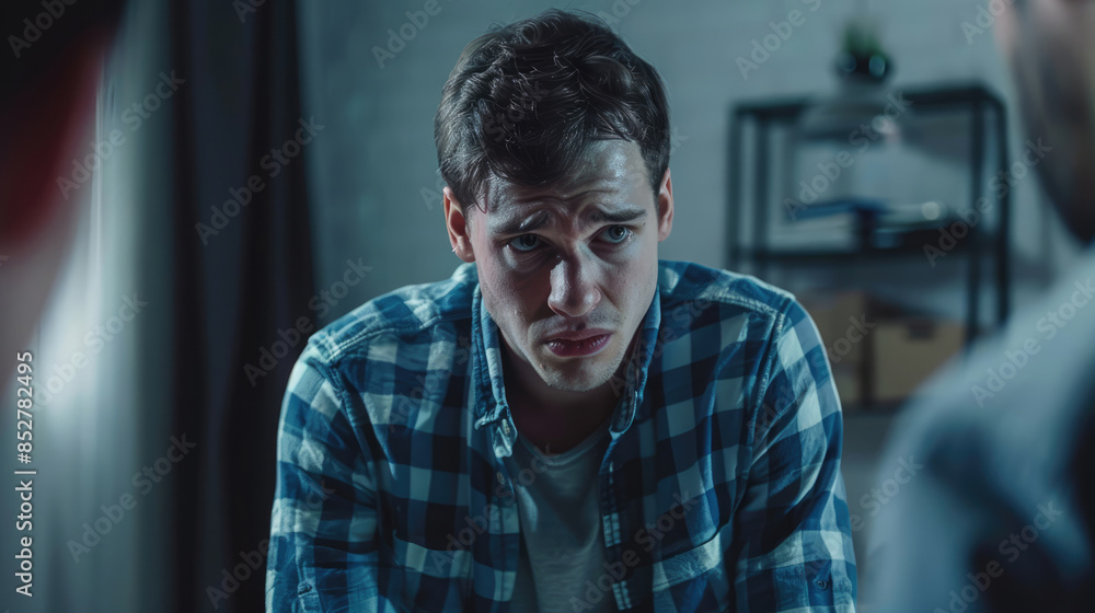 Depressive look of man. Upset patient man at a psychologist's appointment Depressive look of man. Upset patient man at a psychologist's appointment