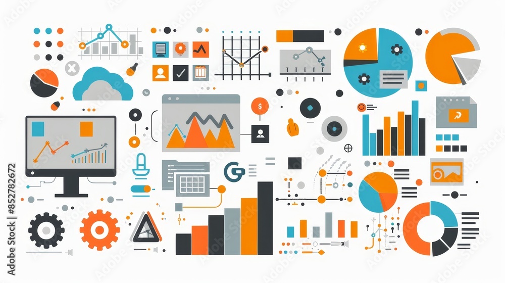 Colorful business and data analytics infographic with various charts, graphs, and icons illustrating statistics and information technology concepts. Colorful business and data analytics infographic with various charts, graphs, and icons illustrating statistics and information technology concepts.