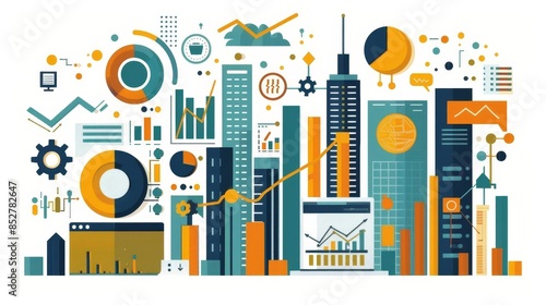 Colorful flat design cityscape with data charts, graphs, and business analytics elements, symbolizing urban business growth and technology.