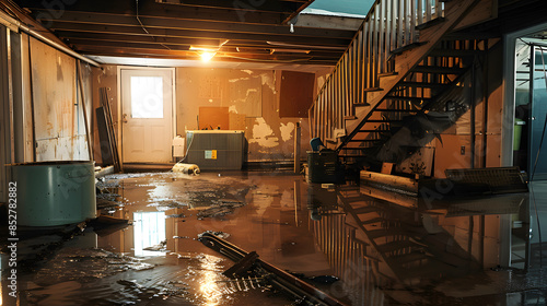 Flooded basement with standing water and damaged interior