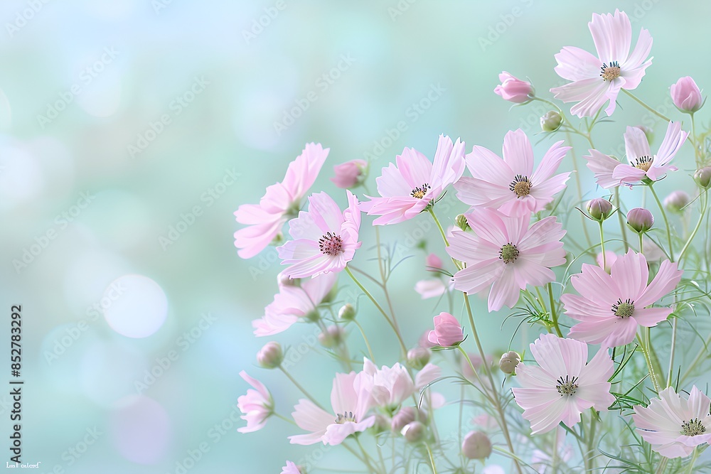 A delicate bouquet of pale pink cosmos flowers, their petals delicately painted in soft pastel hues against an airy background of light green and white. A delicate bouquet of pale pink cosmos flowers, their petals delicately painted in soft pastel hues against an airy background of light green and white.