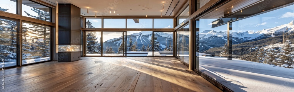 Fototapeta premium A large open living room with a fireplace and a view of mountains. The room is empty and has a modern, minimalist design