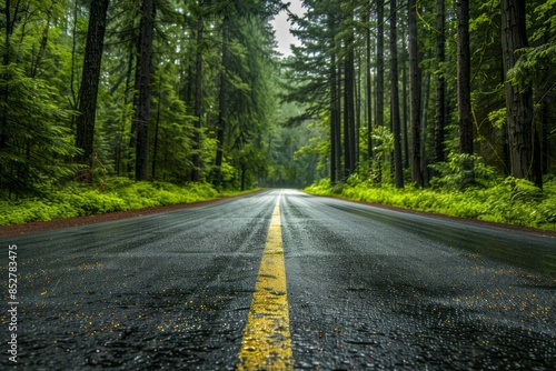 Road in the Forest,Straight Road through Lush Green Forest after Rain, Middle Perspective, Wet Pavement, Forest Road Serenity, Nature Photography, Generative AI Art of Peaceful Journey, Tree-Lined Pat