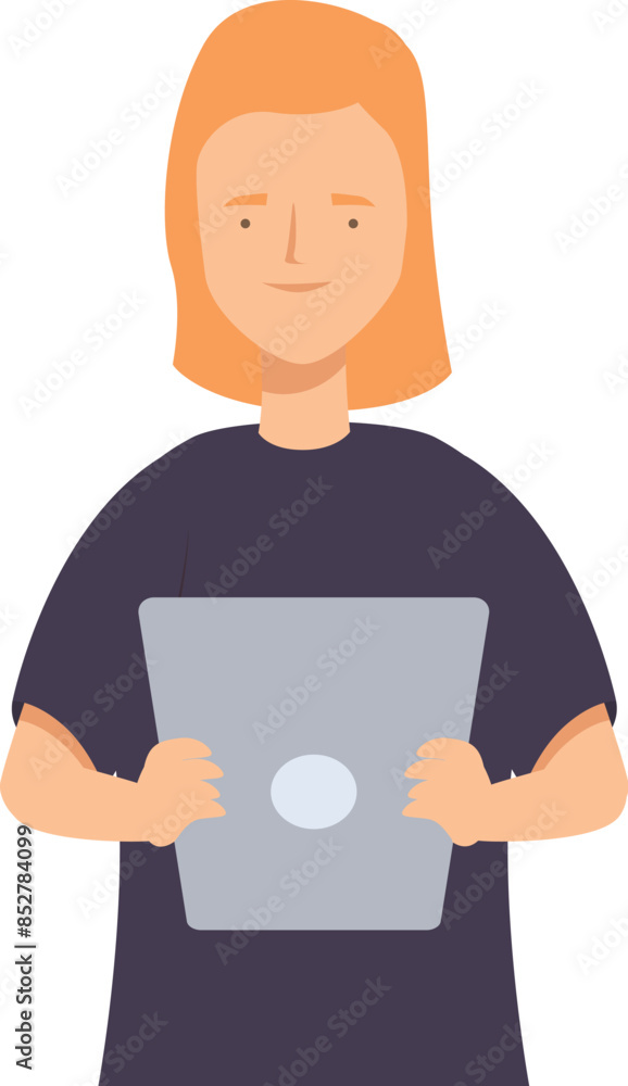 Young woman is holding a digital tablet, possibly browsing the internet or using an app Young woman is holding a digital tablet, possibly browsing the internet or using an app