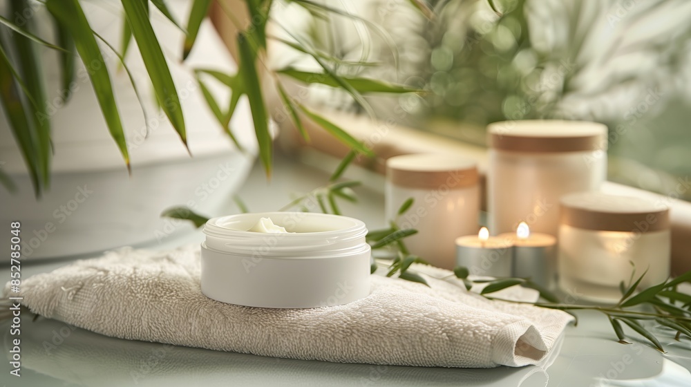 A moisturizer tub is placed on a plush white towel next to a bowl of aromatic essential oils and a few lit candles. A moisturizer tub is placed on a plush white towel next to a bowl of aromatic essential oils and a few lit candles.