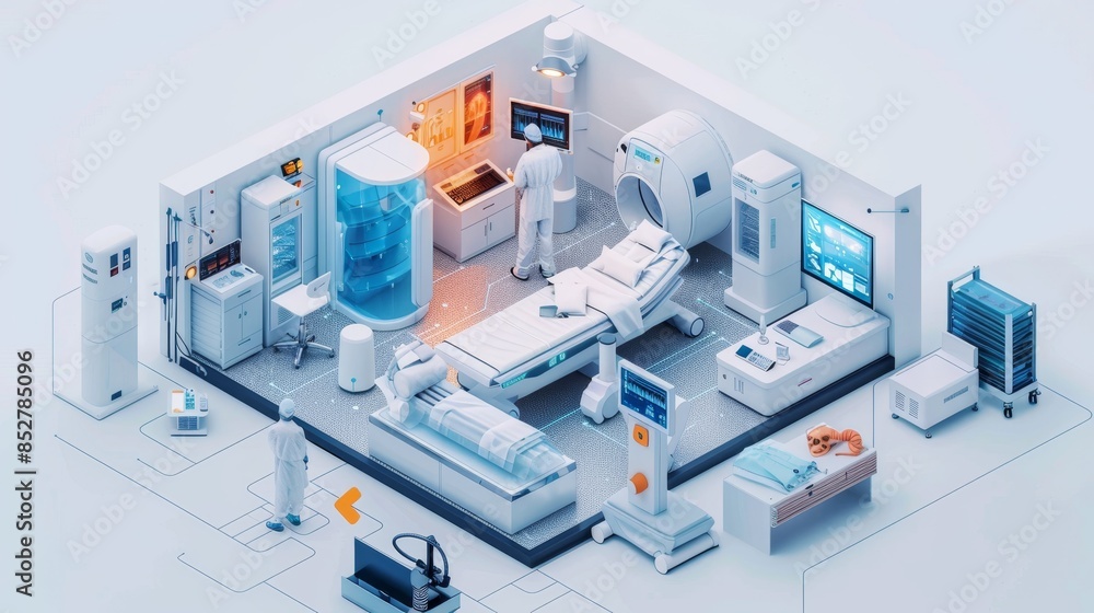 Futuristic medical lab with advanced equipment and technology. Robotics, diagnostics, and patient care in a modern healthcare facility. Futuristic medical lab with advanced equipment and technology. Robotics, diagnostics, and patient care in a modern healthcare facility.