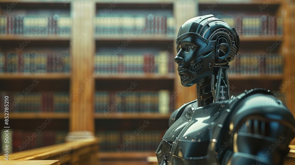 A robot is standing in front of a library with books. The robot has a metallic appearance and is wearing a helmet. The scene gives off a futuristic and technological vibe A robot is standing in front of a library with books. The robot has a metallic appearance and is wearing a helmet. The scene gives off a futuristic and technological vibe