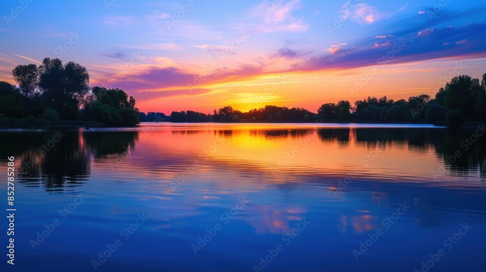 A serene summer evening by the lake, with a colorful sunset reflecting off the calm water and silhouettes of trees on the horizon. A serene summer evening by the lake, with a colorful sunset reflecting off the calm water and silhouettes of trees on the horizon.