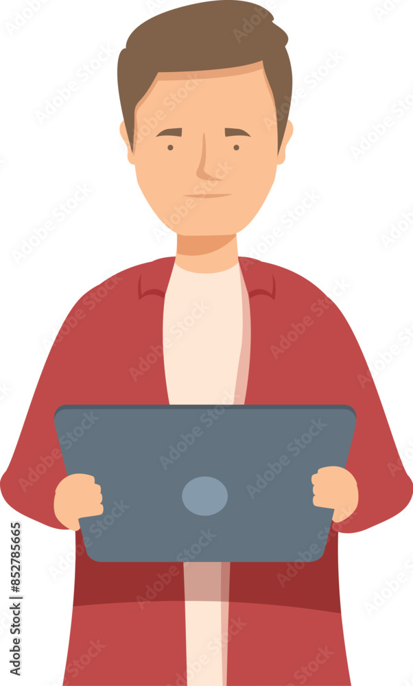 Young man is holding a tablet, possibly browsing the internet or working remotely Young man is holding a tablet, possibly browsing the internet or working remotely