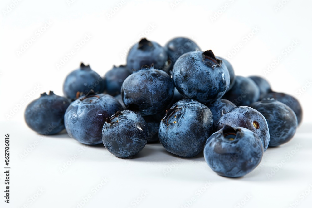 A handful of vibrant blueberries positioned elegantly on a pristine white background A handful of vibrant blueberries positioned elegantly on a pristine white background
