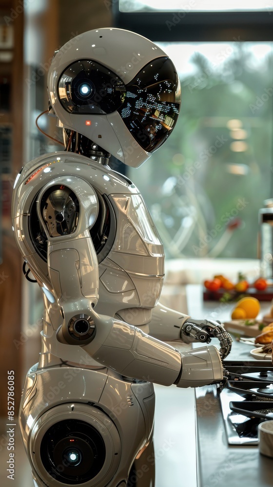 Fototapeta premium A robot is standing in front of a table with a plate of food. The robot is wearing a white suit and has a robotic arm