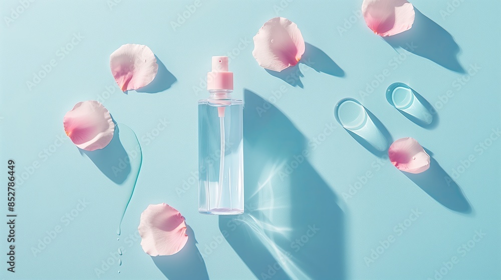 A bottle of toner with petals on each side on a pastel blue background with light pink accents. A bottle of toner with petals on each side on a pastel blue background with light pink accents.