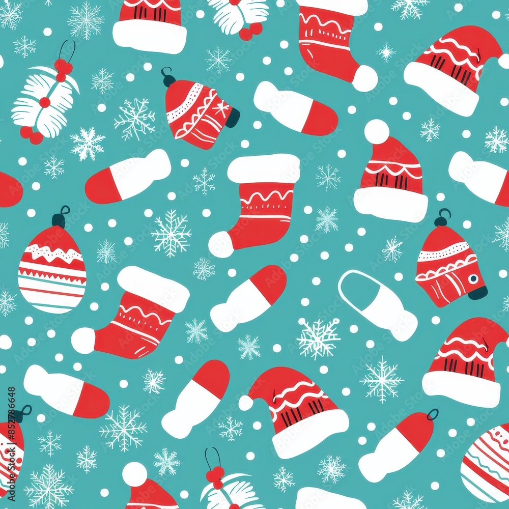 A blue and white background with a variety of red and white Christmas decorations including hats, ornaments, and a bottle A blue and white background with a variety of red and white Christmas decorations including hats, ornaments, and a bottle