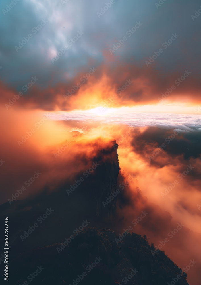 Naklejka premium Dramatic sunset over misty mountains, with clouds illuminated by the setting sun. Perfect for landscape and nature photography.