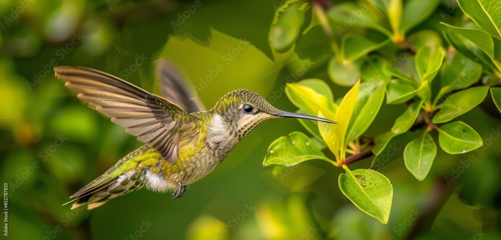 Naklejka premium A hummingbird in mid-flight, displaying its green and iridescent plumage. Ideal for action or wildlife photography.