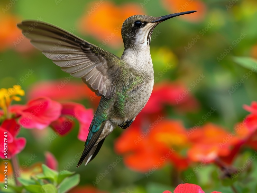Fototapeta premium Hummingbird in mid-flight near a colourful tree with green leaves, showcasing its wings spread wide. Red flowers in background.
