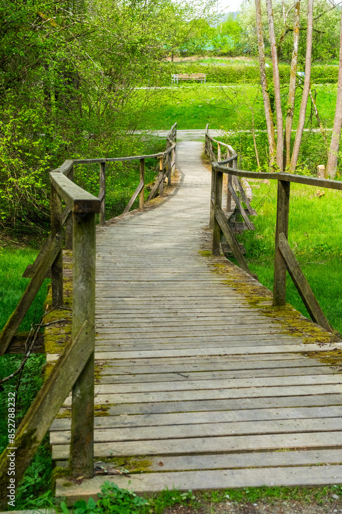 Wooden Bridge, wooden footbridge, Hiking around Lalling in the Bavarian Forest Wooden Bridge, wooden footbridge, Hiking around Lalling in the Bavarian Forest