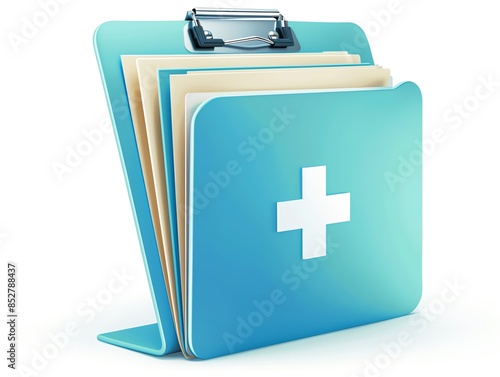 Blue medical folder with white cross, paperwork inside, isolated on white background. Symbol of healthcare records and documentation.