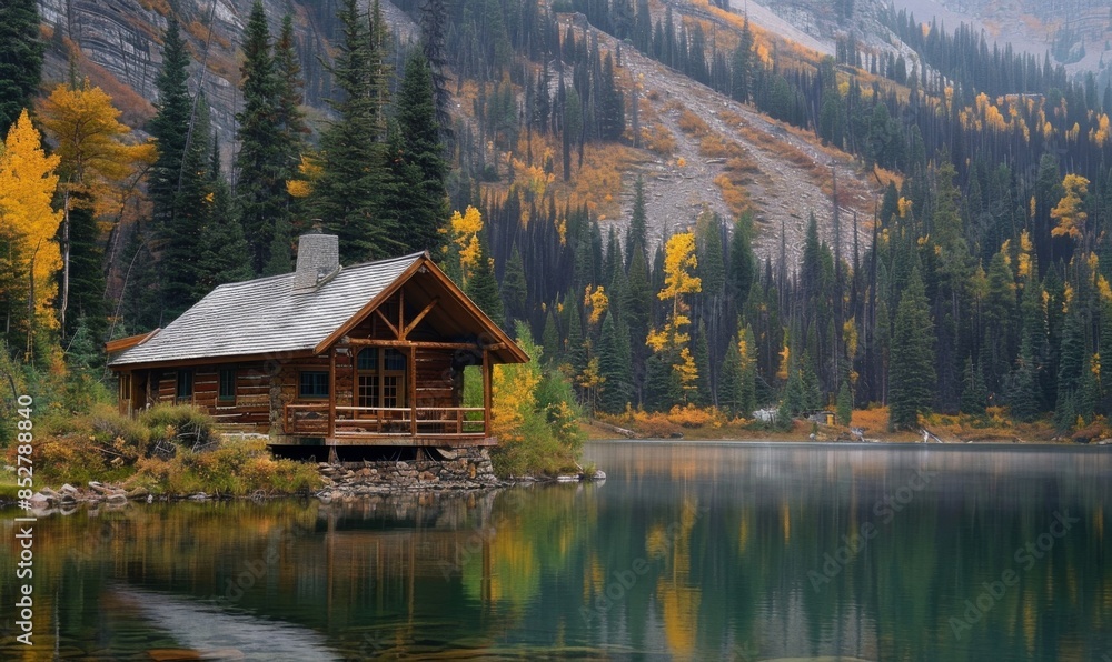 Fototapeta premium Rustic wooden cabin by a lake