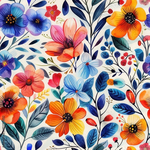 This image shows a vibrant watercolor floral pattern featuring a variety of colorful flowers and leaves on a white background. The flowers are in shades of blue, red, orange, and yellow, and the leave