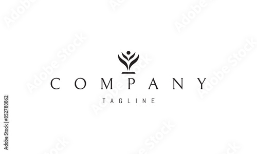 A vector logo featuring an abstract image a flower with petals, shaped like a person with raised arms.