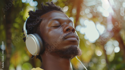 Young attractive man listening to music with headphones in a park. Outdoors