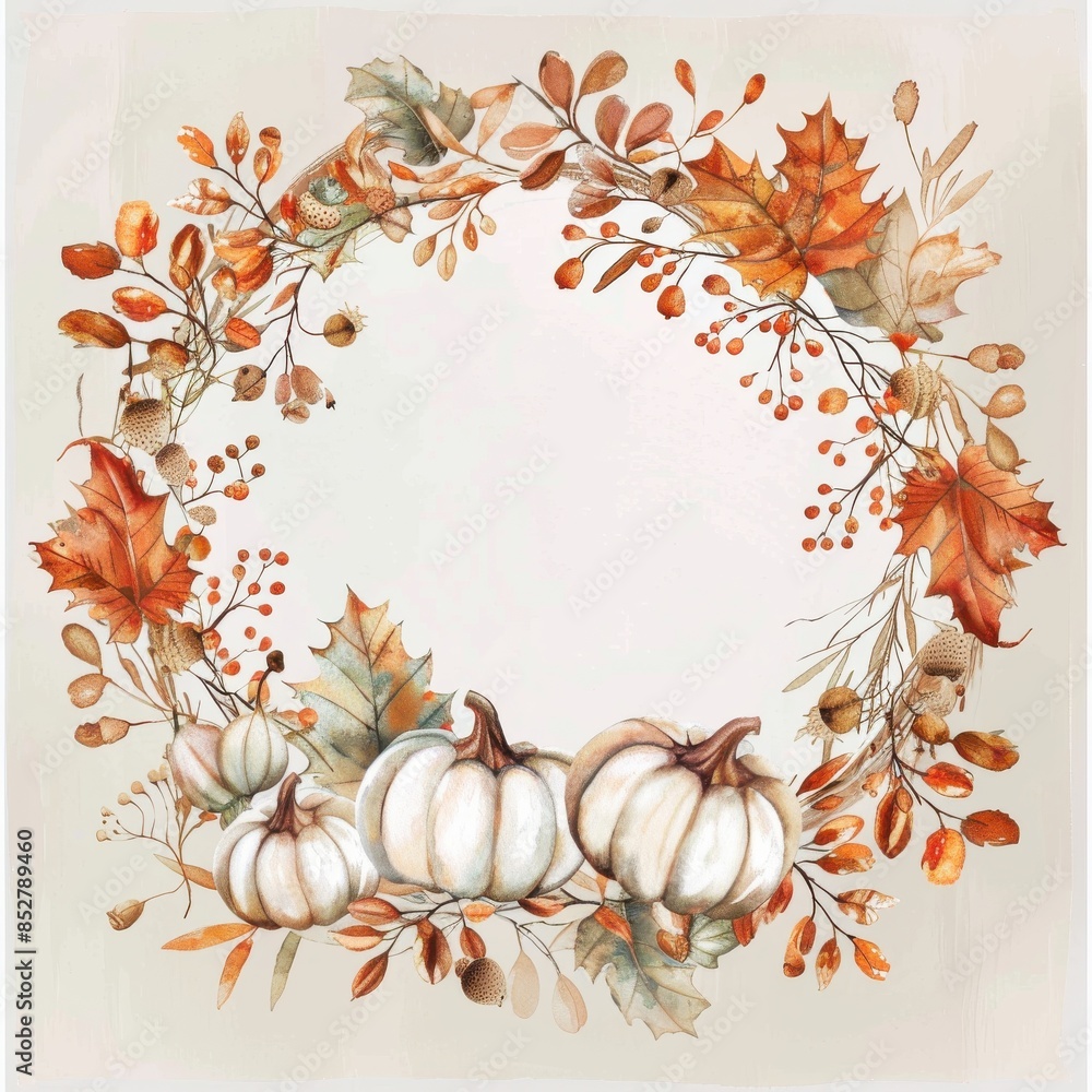 This image is a watercolor painting of an autumn wreath with pumpkins. The wreath is made of leaves, branches, and berries in shades of orange, brown, and green. The pumpkins are white and are placed This image is a watercolor painting of an autumn wreath with pumpkins. The wreath is made of leaves, branches, and berries in shades of orange, brown, and green. The pumpkins are white and are placed