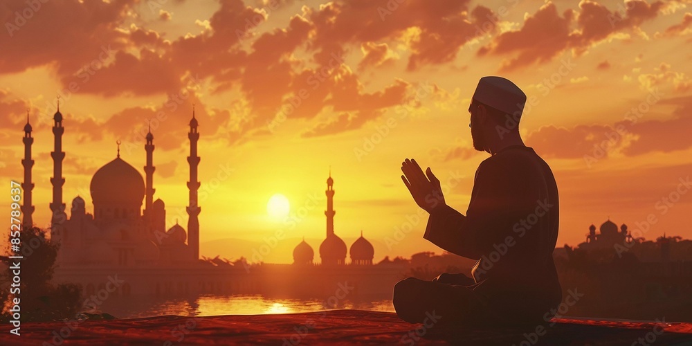 Faithful Silhouette: Prayers Echo at Sunset Mosque (Ramadan, Islam) Faithful Silhouette: Prayers Echo at Sunset Mosque (Ramadan, Islam)