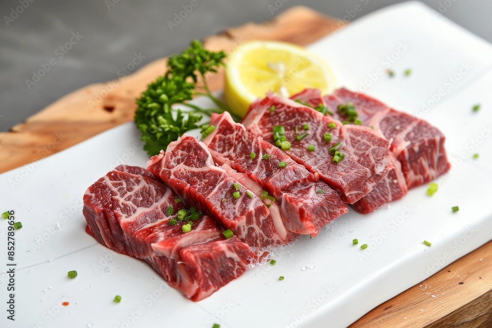 Tender beef cuts presented elegantly on a white surface Tender beef cuts presented elegantly on a white surface