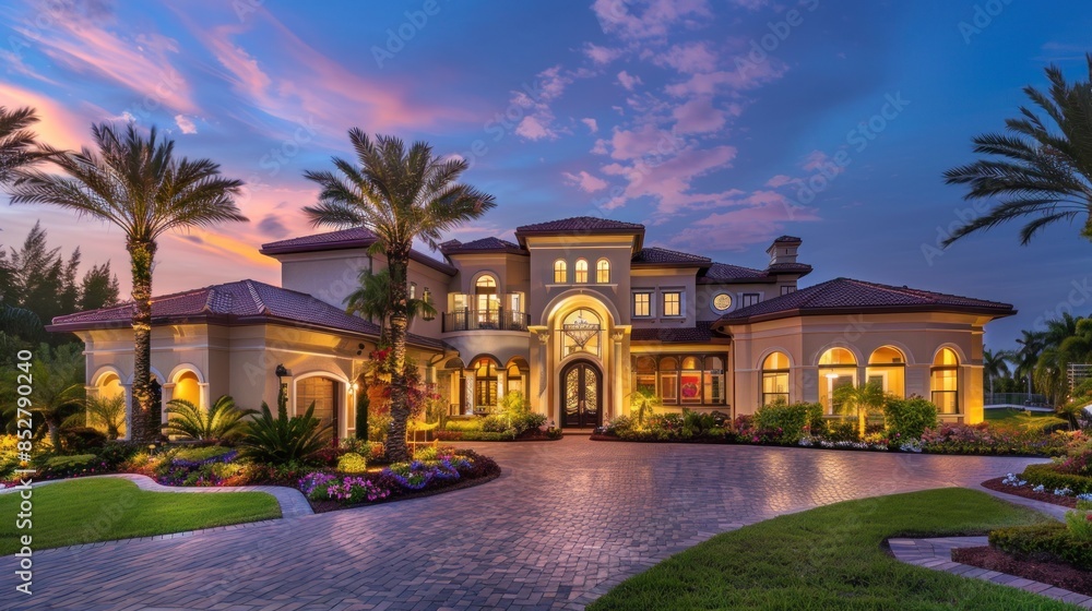 Beautiful luxury home exterior at twilight stock phot Beautiful luxury home exterior at twilight stock phot