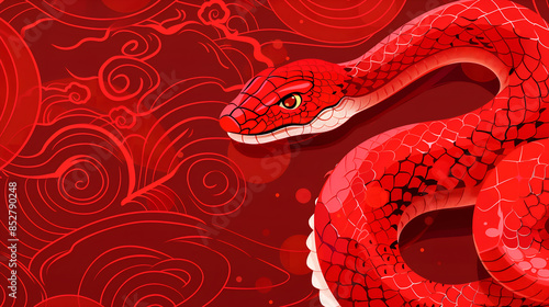 red snake on a red background, oriental style drawing, year of the snake illustration
