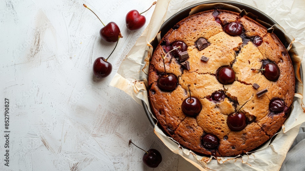 Delightful vanilla cake with chocolate and cherry baked in a pan set on parchment paper against a white backdrop allowing room for text Delightful vanilla cake with chocolate and cherry baked in a pan set on parchment paper against a white backdrop allowing room for text