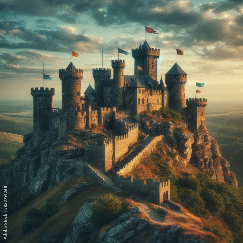 Fototapeta premium A stunning medieval castle perched on a rocky hill, bathed in the golden light of sunset. The fortress, with its tall towers and battlements, stands as a testament to historical grandeur and