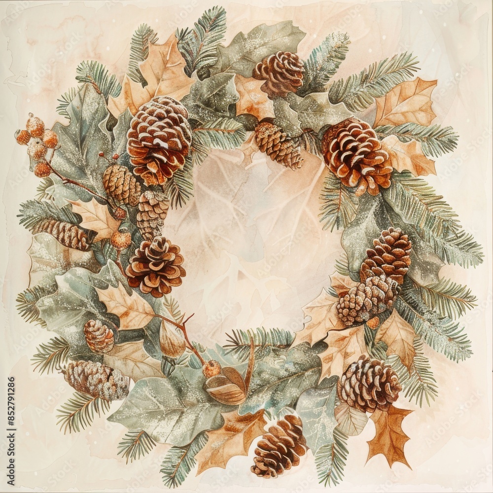 Fototapeta premium A watercolor illustration depicting a Christmas wreath made of pine branches, pine cones, and fall leaves, with a soft, snowy background.