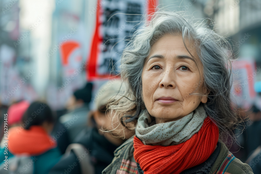 Elderly Asian woman at protest political rally, holding a sign in a crowded street, participating in a demonstration for social issues, demanding equality and government reform Elderly Asian woman at protest political rally, holding a sign in a crowded street, participating in a demonstration for social issues, demanding equality and government reform