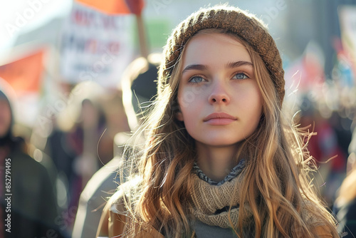 Young woman at protest political rally, person in a group march for equality and unity, activist addressing crowd about social issues.