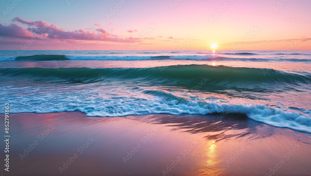 Fototapeta premium A serene beach at sunrise, with soft waves gently caressing the shore and a pastel sky reflecting in the water, creating a moment of pure tranquility, Generative AI
