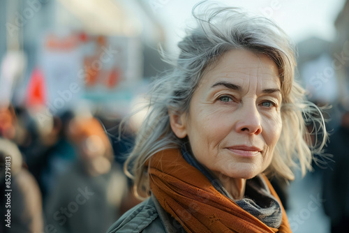 Mature woman at protest political rally, poster for climate justice, angry crowd demanding change, citizen campaign for equality. © Pavel