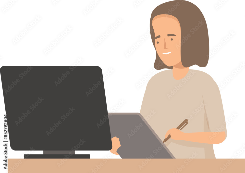 Designer is using a graphic tablet and pen display while working on a laptop at her desk Designer is using a graphic tablet and pen display while working on a laptop at her desk